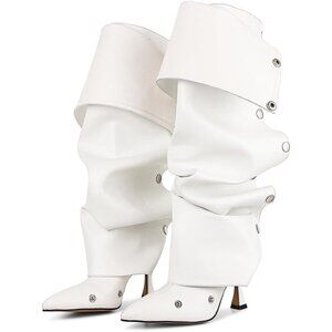 ⚡Women's White Knee High Boots Stiletto Boots Pointed Toe High Heels Wide Calf